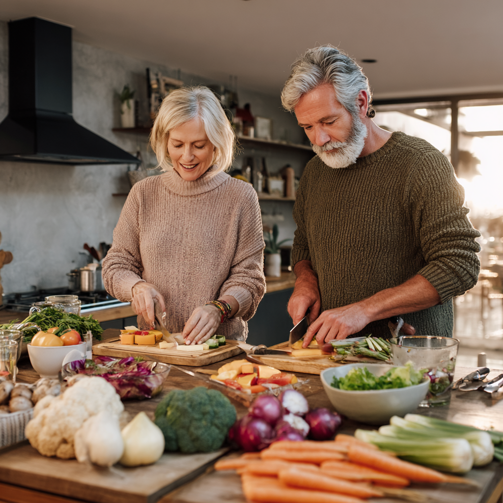 Adults in their 40s and 50s preparing nutritious meals together in modern kitchen