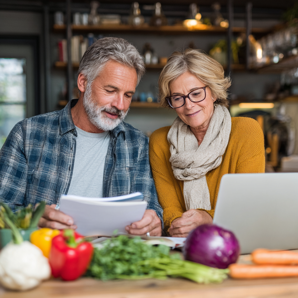 Middle-aged couple in their 50s reviewing personalized meal plans and recipes